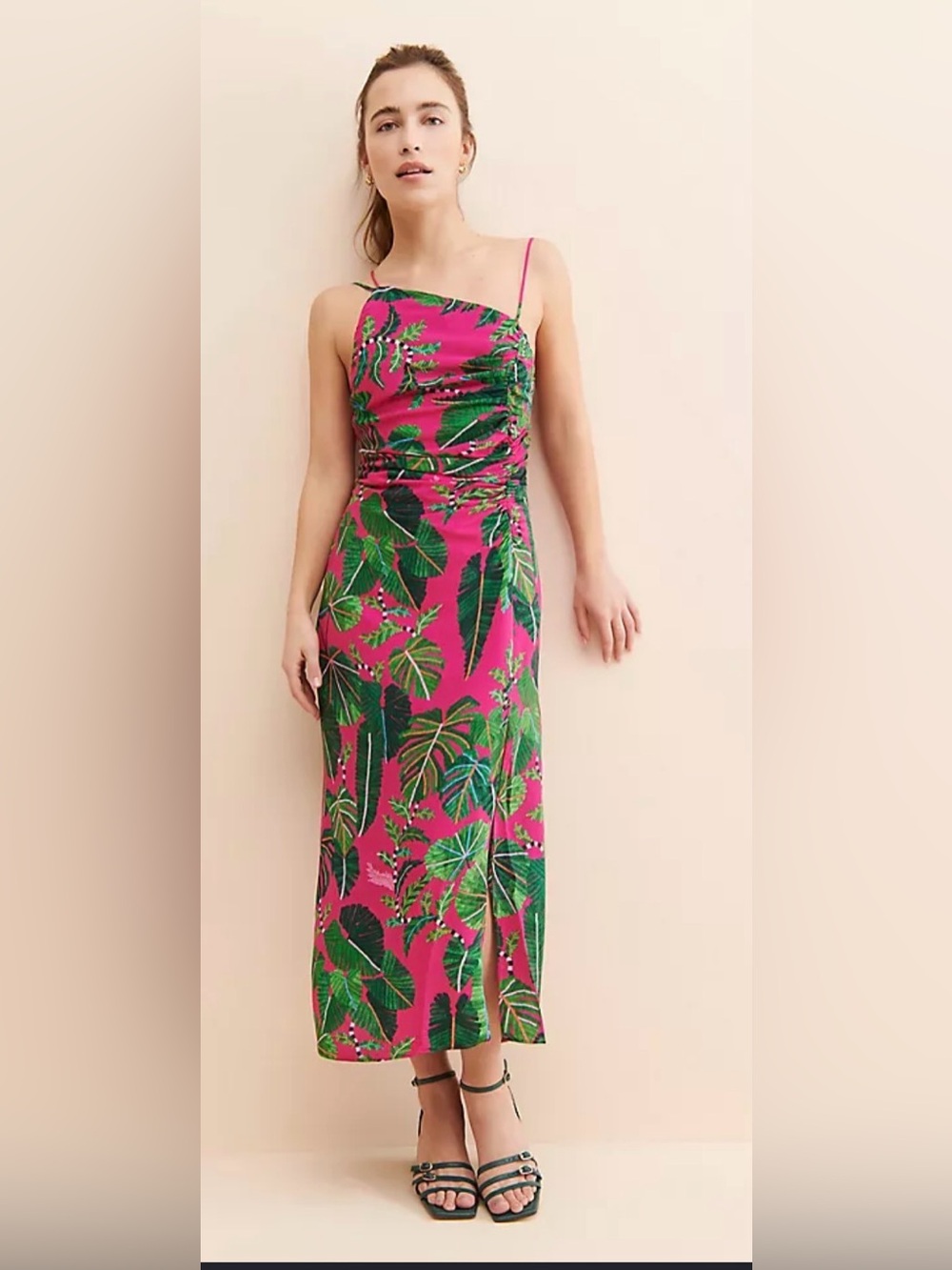 Farm Rio Floral Tropical Print Ruched Maxi Dress Pink Green L NWOT
